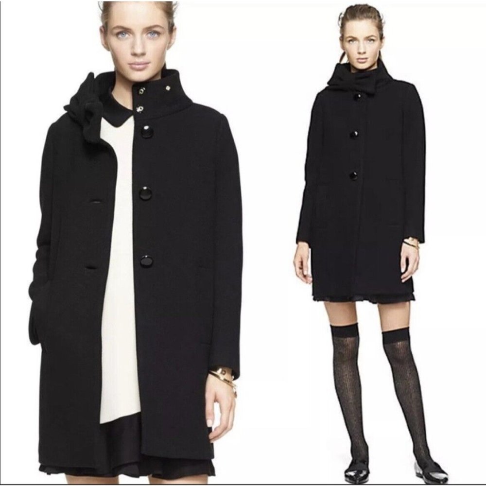 NEW KATE SPADE NY Wool Coat Bow Mock High Neck Collar Black Womens Sz 0